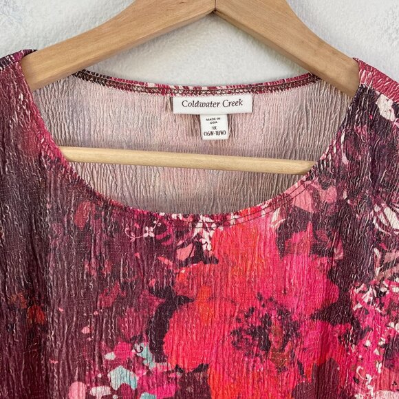NEW COLDWATER CREEK Womens Plus 1X Crinkle Blossom Top Floral 3/4 Sleeve Shirt - Picture 8 of 10